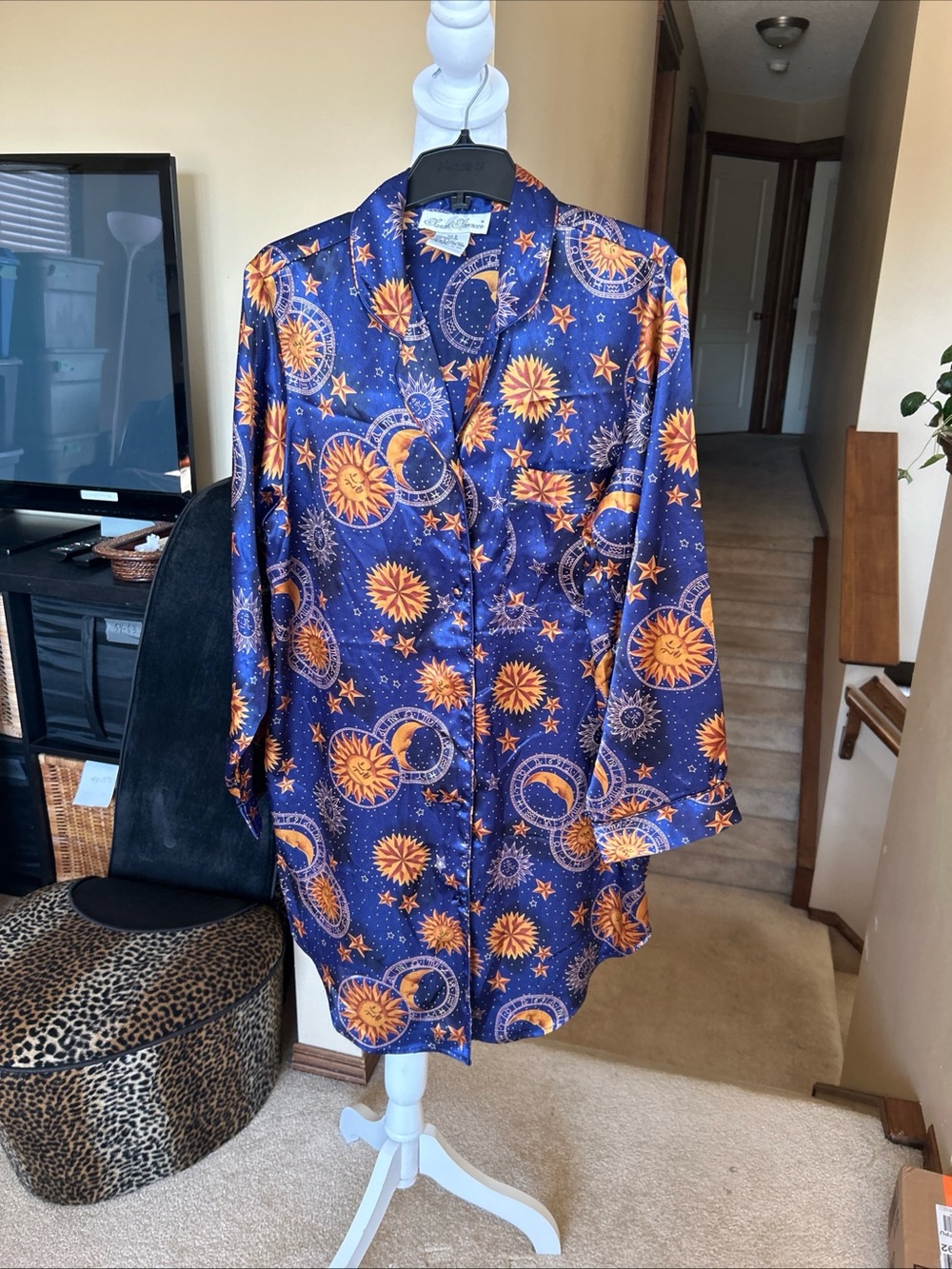 Vintage Celestial Satin Button-Up Night Gown/Shirt -Gold Sun & Moon Print